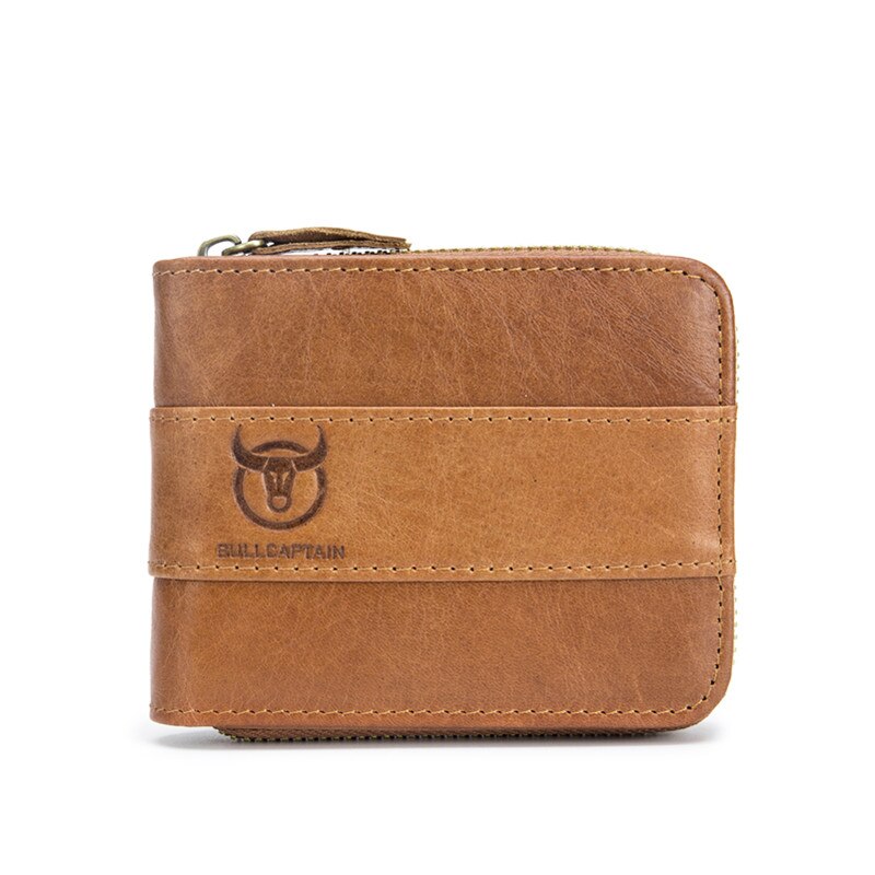 BULLCAPTAIN RFID Men Wallets Credit Card Holders Genuine Leather Double Zipper Cowhide Leather Wallet Purse Carteria Button