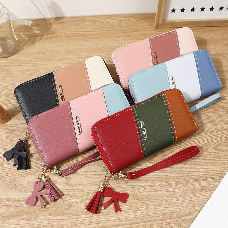 Women Long Three Color Patchwork Wallets Female Hit Color Tassel Zipper Coin Purses Fashion Card Holder Clutch Phone Bag