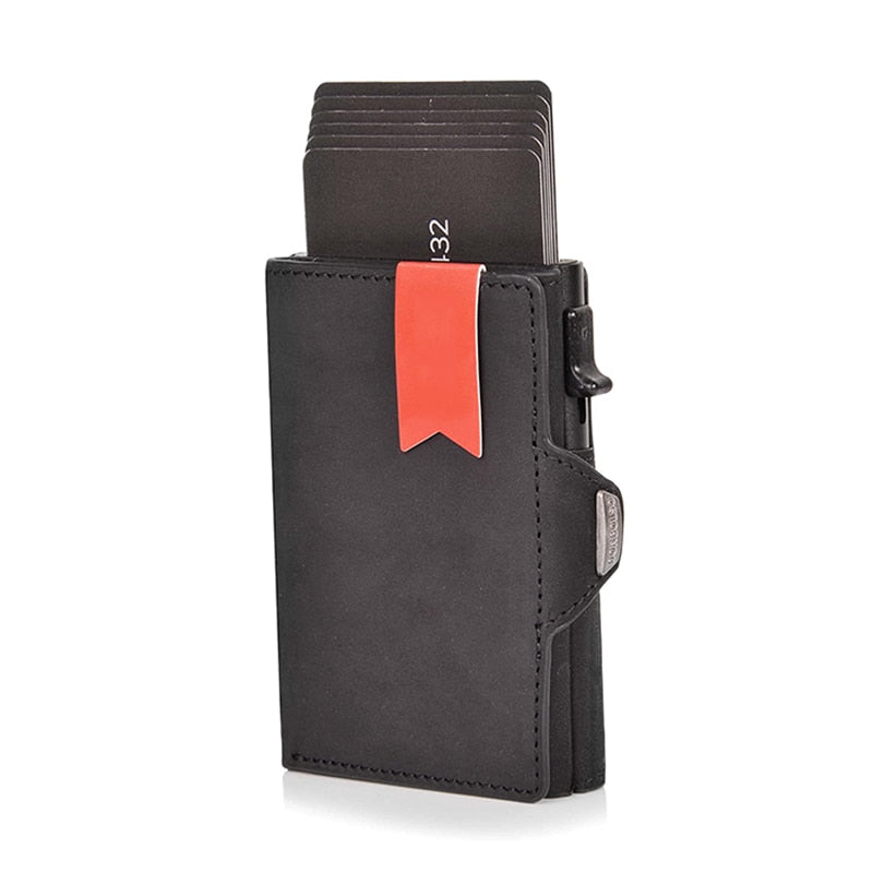 Vintage Crazy Horse Leather Slim Wallets Luxury RFID Protection Mini Metal Wallet Zipper Coin Pocket for Men and Women