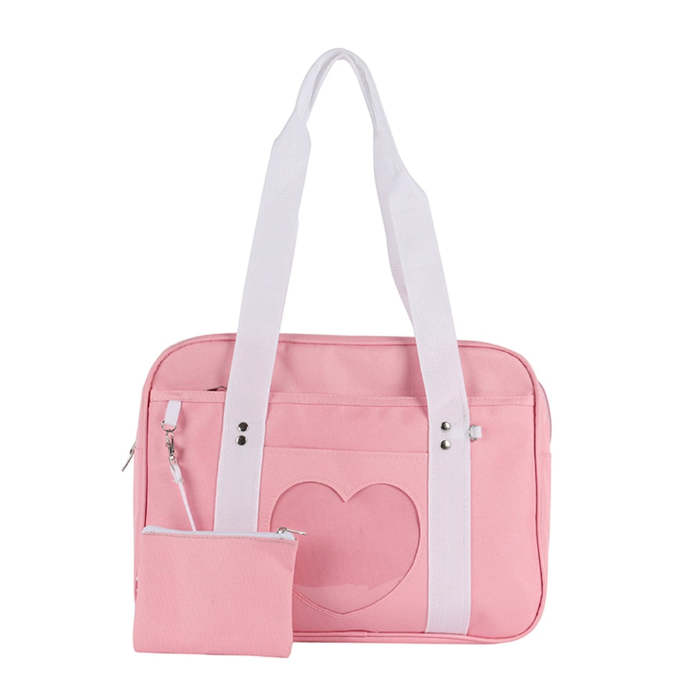 Fashion Cute Women Transparent Love Heart Patchwork Canvas Shoulder Bags Casual Ladies Large Capacity Travel Handbags Totes