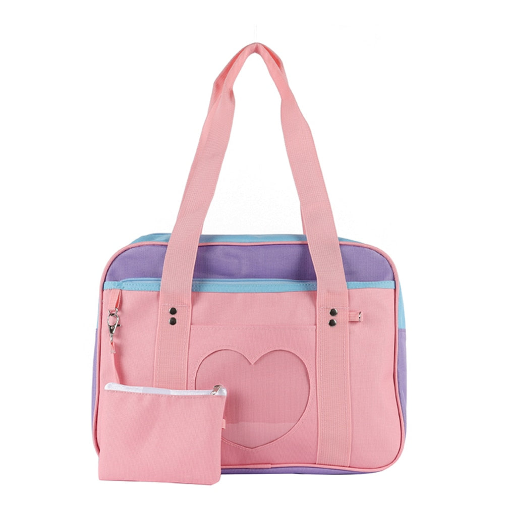 Fashion Cute Women Transparent Love Heart Patchwork Canvas Shoulder Bags Casual Ladies Large Capacity Travel Handbags Totes