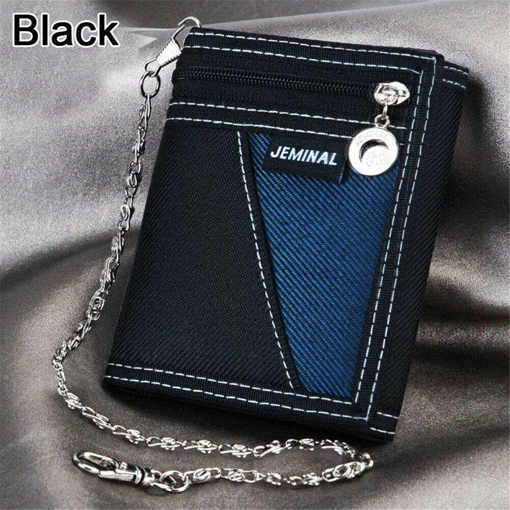 New Fashion Men Boys Girls Plain Canvas Tri-Fold Wallet Card Cash Wallet with Chain