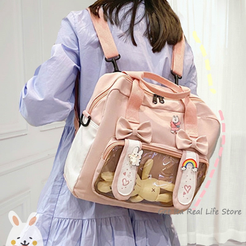 Bunny Ita Bag Backpack Cute Rabbit Ears Shoulder Bag Kawaii Girls Pink Backpack Bag with PVC Transprent Pocket Clear Itabag H219