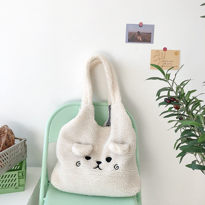 New Winter Soft Plush Tote Bag Women Cartoon Embroidery Imitation Lamb Hair Shoulder Bag For Women Shopper Bag Bolsa