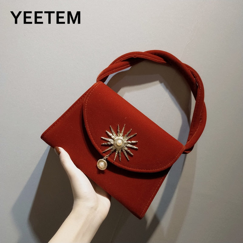 Velvet Portable Retro Small Square Bag Handbag Cross Bag Small Bag Shoulder Bag With Bag Banquet Women's Bag Purse