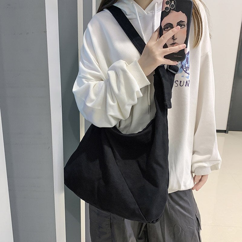 HOCODO Fashion Solid Color Women Bag Canvas Schoolbag For Teenage Girl Travel Shoulder Bag Casual Crossbody Bag Student Bookbag