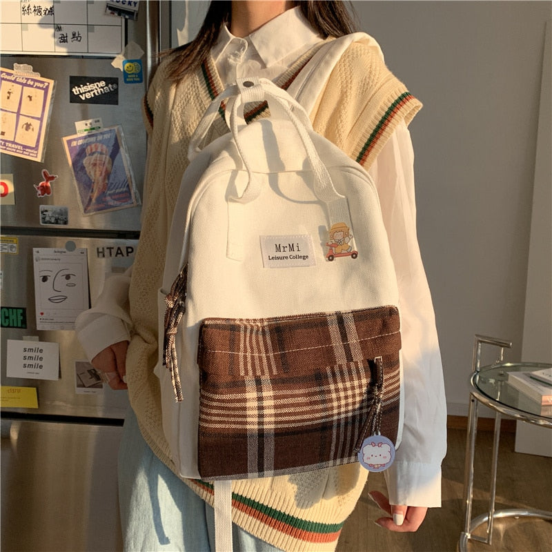 Female Canvas Backpacks for School Teenagers Girls Small Fresh Plaid School Bag Kawaii Bookbag Korean College New Mochilas