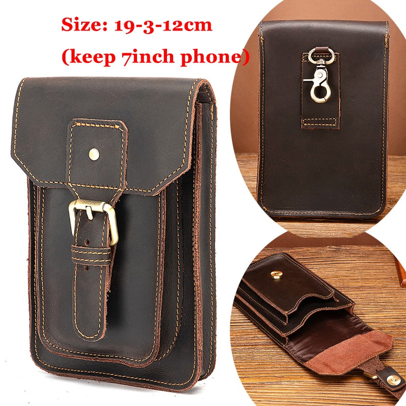 Real Leather men Casual Design Small Waist Bag Cowhide Fashion Hook Bum Bag Waist Belt Pack Cigarette Case 5.5" Phone Pouch 1609