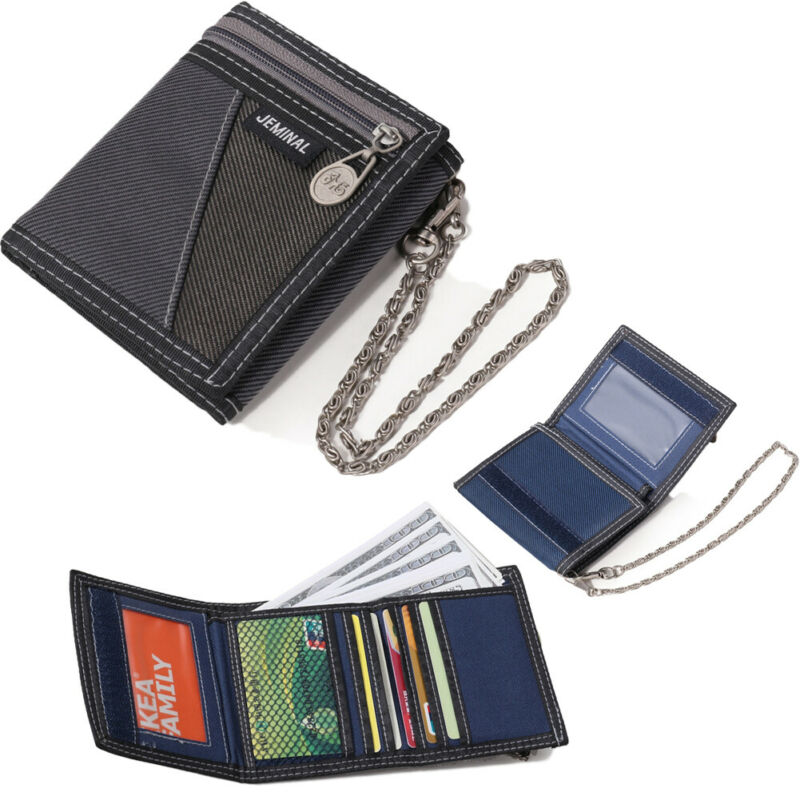 New Fashion Men Boys Girls Plain Canvas Tri-Fold Wallet Card Cash Wallet with Chain