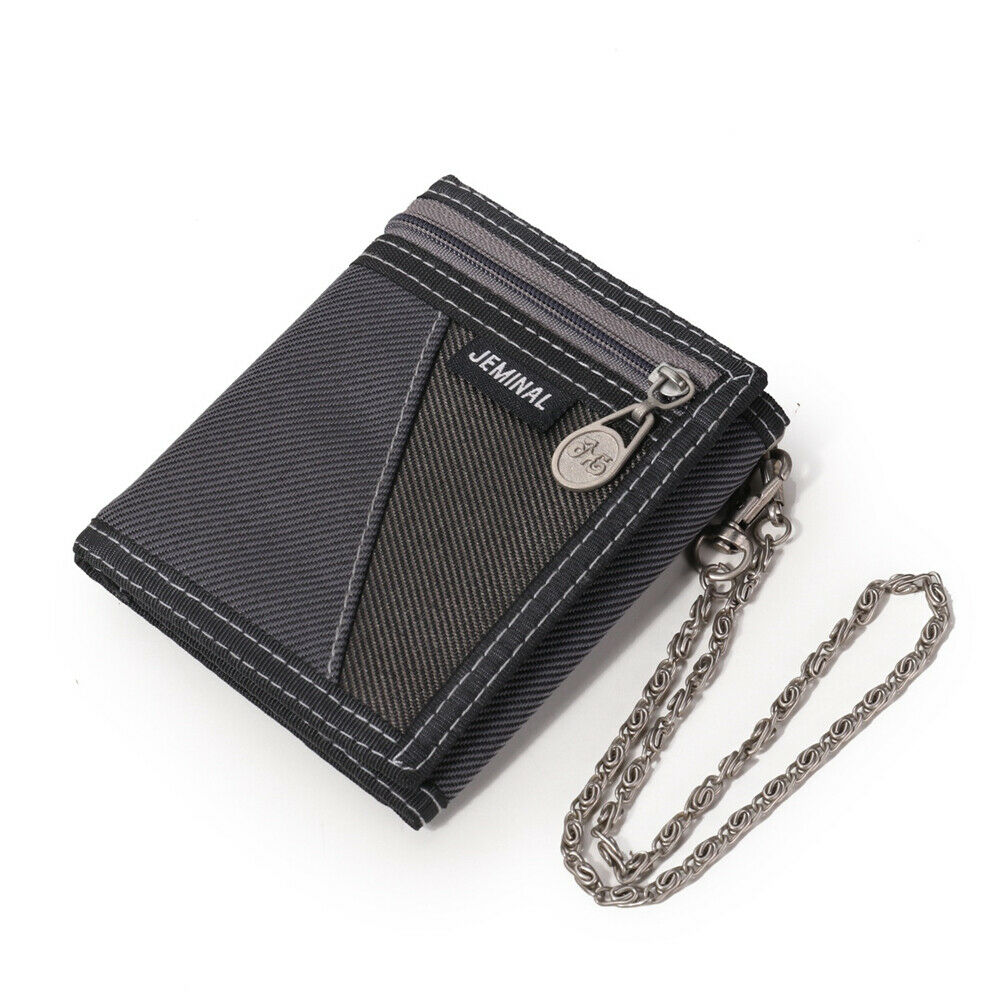 New Fashion Men Boys Girls Plain Canvas Tri-Fold Wallet Card Cash Wallet with Chain