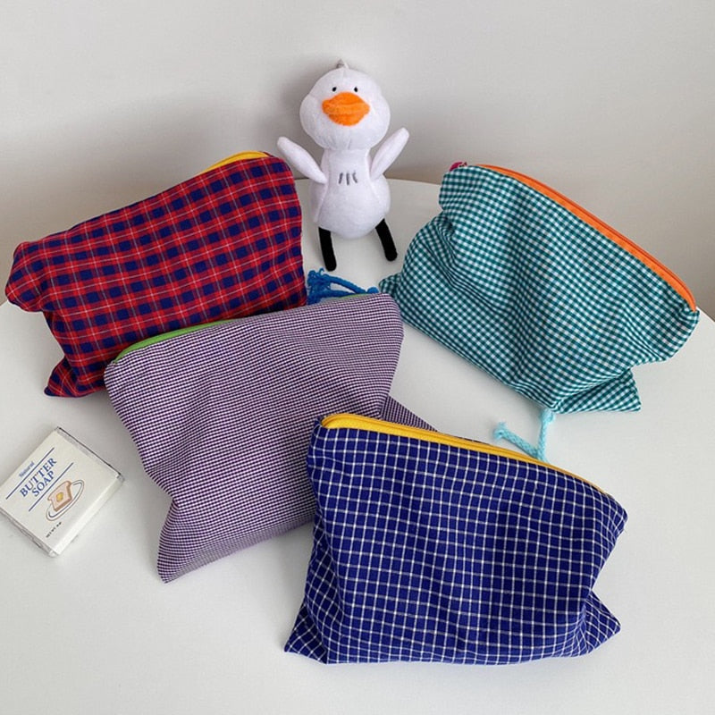 Women Plaid Makeup Bag Fashion Cotton Zipper Pouch Multipurpose for Women Travel Bath Cosmetic Bags Organizer Toiletry Wash Bag