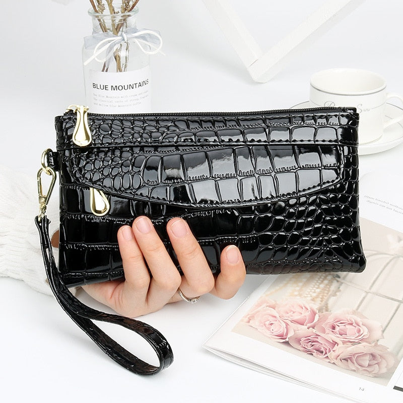 Red Black Leather Clutch Purse Women's Wallets Fallow Long Ladies Double Zipper Wallet Clutch Bag Party Design Crocodile Purses