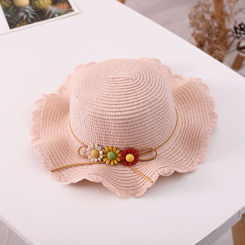 Kids Girls Large Wide Brim Straw Woven Sun Protection Beach Hat Colorful Flowers Summer Floppy Bucket Cap Portable Mini Handbag