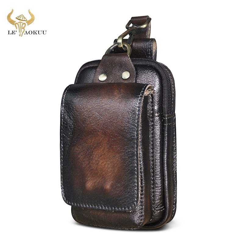 Real Leather men Casual Design Small Waist Bag Cowhide Fashion Hook Bum Bag Waist Belt Pack Cigarette Case 5.5" Phone Pouch 1609