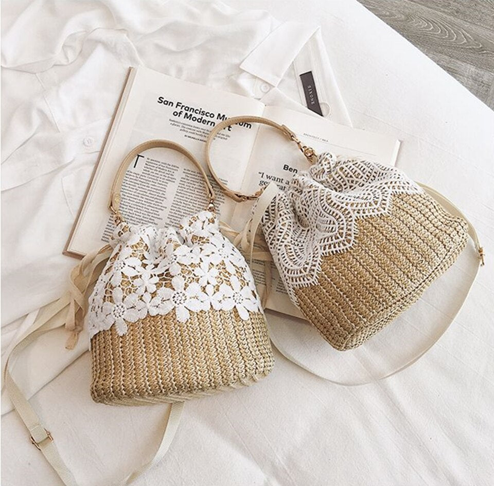 Summer Lace Woven Shoulder Fashion Bucket Women'S Bag