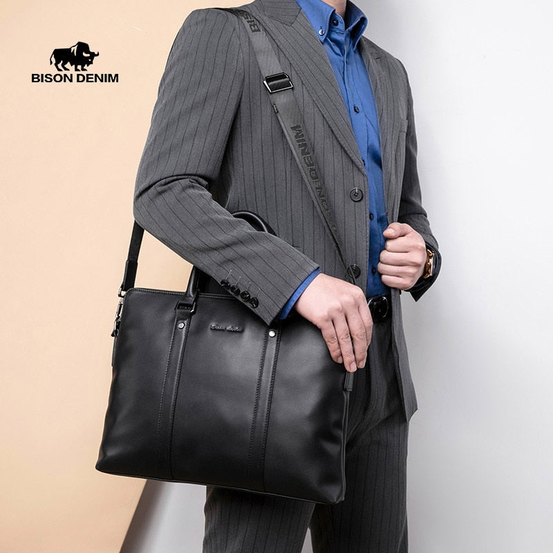 BISON DENIM Genuine Leather Men Handbags Casual Laptop Bag Male Business Messenger Bags Men's Crossbody Shoulder Bag N20082-3B