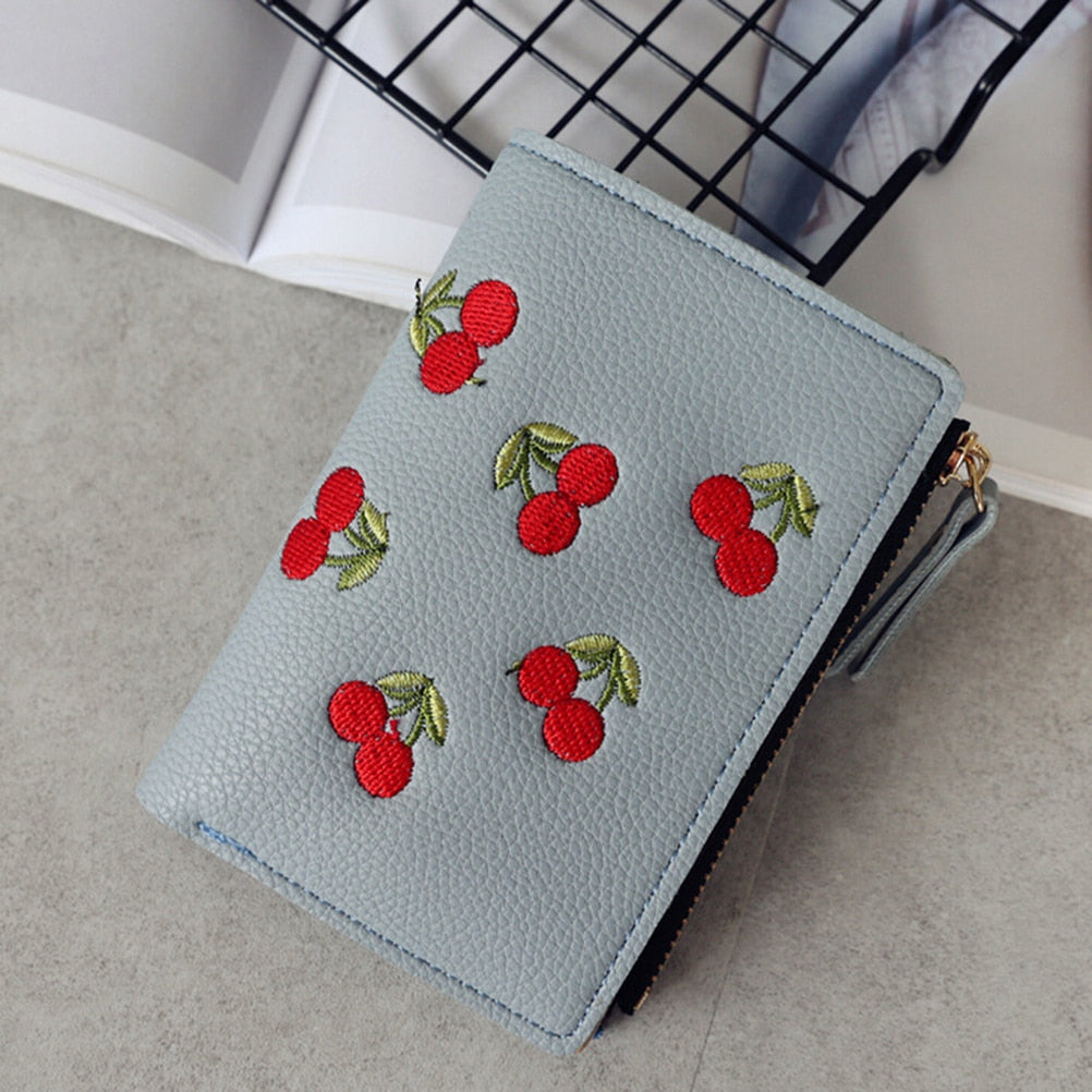 Fashion Women Girls Short Wallet Small PU Leather Cherry Embroidery Coin Purse Card Holders Lady Girl Mini Money Bag