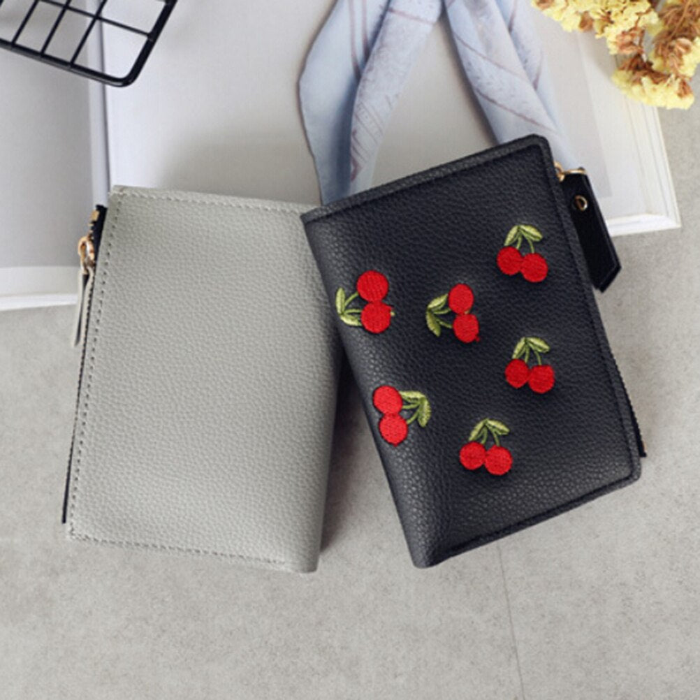 Fashion Women Girls Short Wallet Small PU Leather Cherry Embroidery Coin Purse Card Holders Lady Girl Mini Money Bag