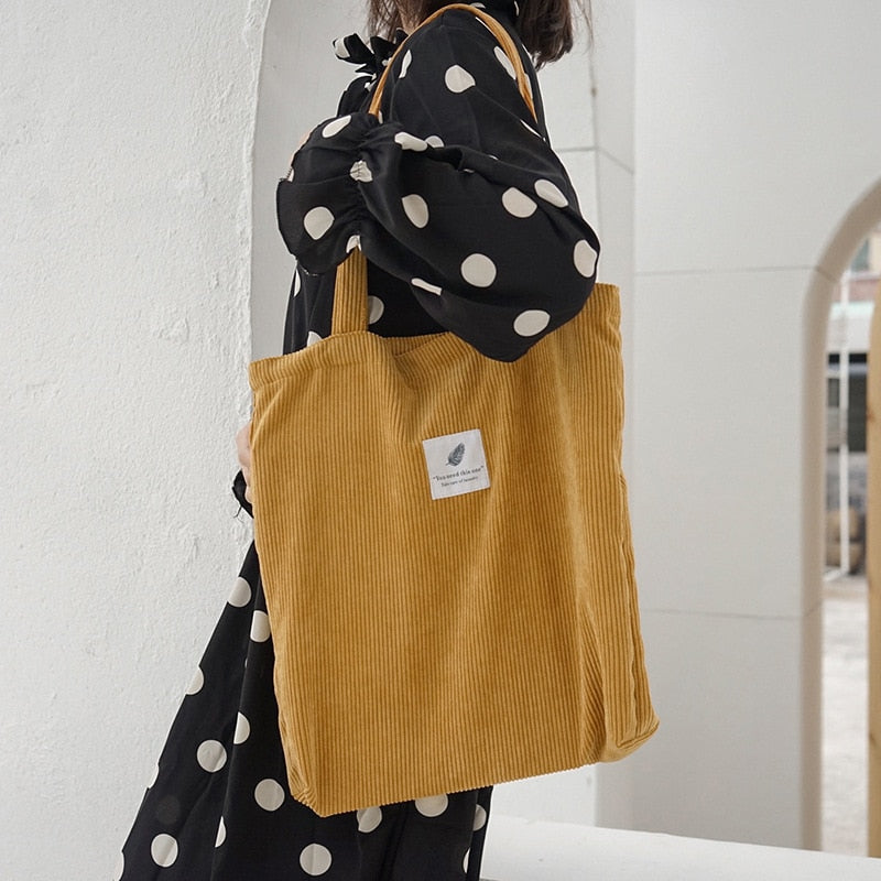 Women Corduroy Shopping Bag Female Canvas Cloth Shoulder Bag Environmental Storage Handbag Reusable Foldable Eco Grocery Totes
