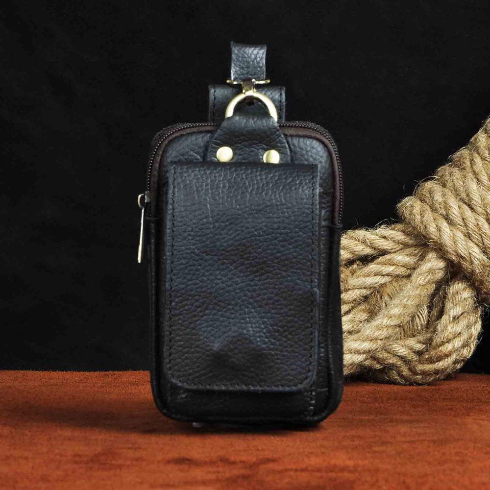 Real Leather men Casual Design Small Waist Bag Cowhide Fashion Hook Bum Bag Waist Belt Pack Cigarette Case 5.5" Phone Pouch 1609