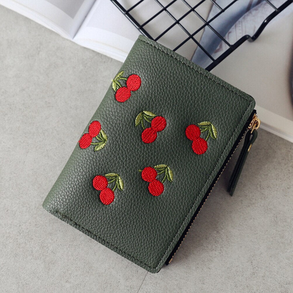 Fashion Women Girls Short Wallet Small PU Leather Cherry Embroidery Coin Purse Card Holders Lady Girl Mini Money Bag