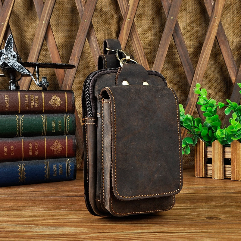 Real Leather men Casual Design Small Waist Bag Cowhide Fashion Hook Bum Bag Waist Belt Pack Cigarette Case 5.5" Phone Pouch 1609