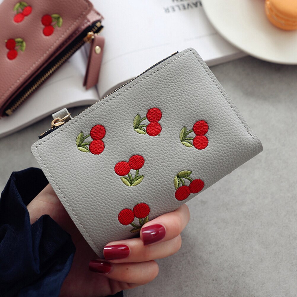Fashion Women Girls Short Wallet Small PU Leather Cherry Embroidery Coin Purse Card Holders Lady Girl Mini Money Bag