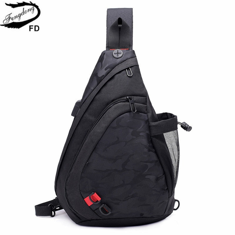 Fengdong waterproof fabric male crossbody bag small black camouflage sling chest bag one shoulder bags for women bagpack daypack