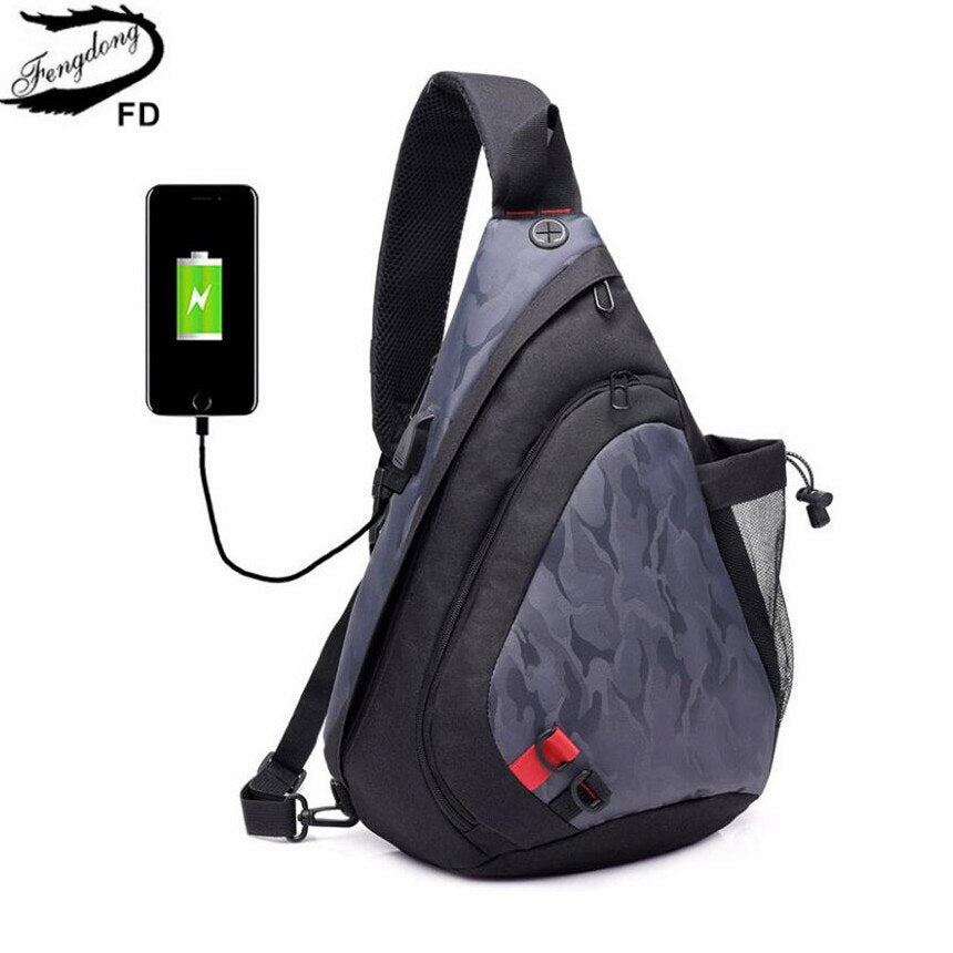Fengdong waterproof fabric male crossbody bag small black camouflage sling chest bag one shoulder bags for women bagpack daypack