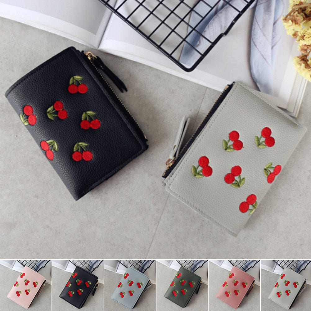 Fashion Women Girls Short Wallet Small PU Leather Cherry Embroidery Coin Purse Card Holders Lady Girl Mini Money Bag