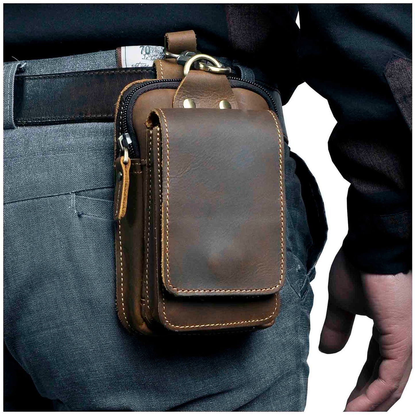 Real Leather men Casual Design Small Waist Bag Cowhide Fashion Hook Bum Bag Waist Belt Pack Cigarette Case 5.5" Phone Pouch 1609
