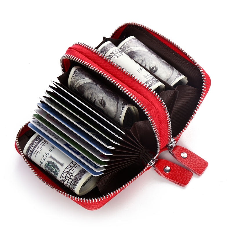 Fashion Brand Genuine Leather Women Card Holder Double Zipper Large Capacity Female ID Credit Card Case Bag Wallet