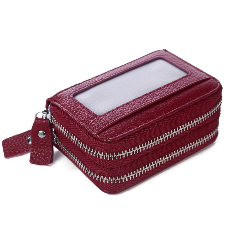 Fashion Brand Genuine Leather Women Card Holder Double Zipper Large Capacity Female ID Credit Card Case Bag Wallet