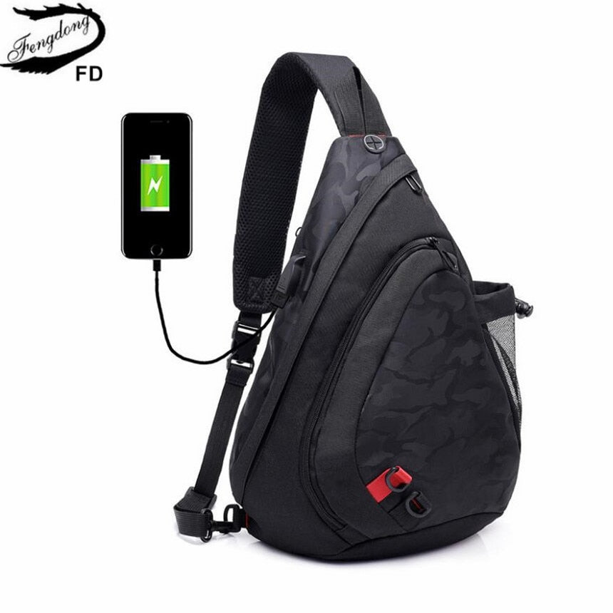 Fengdong waterproof fabric male crossbody bag small black camouflage sling chest bag one shoulder bags for women bagpack daypack