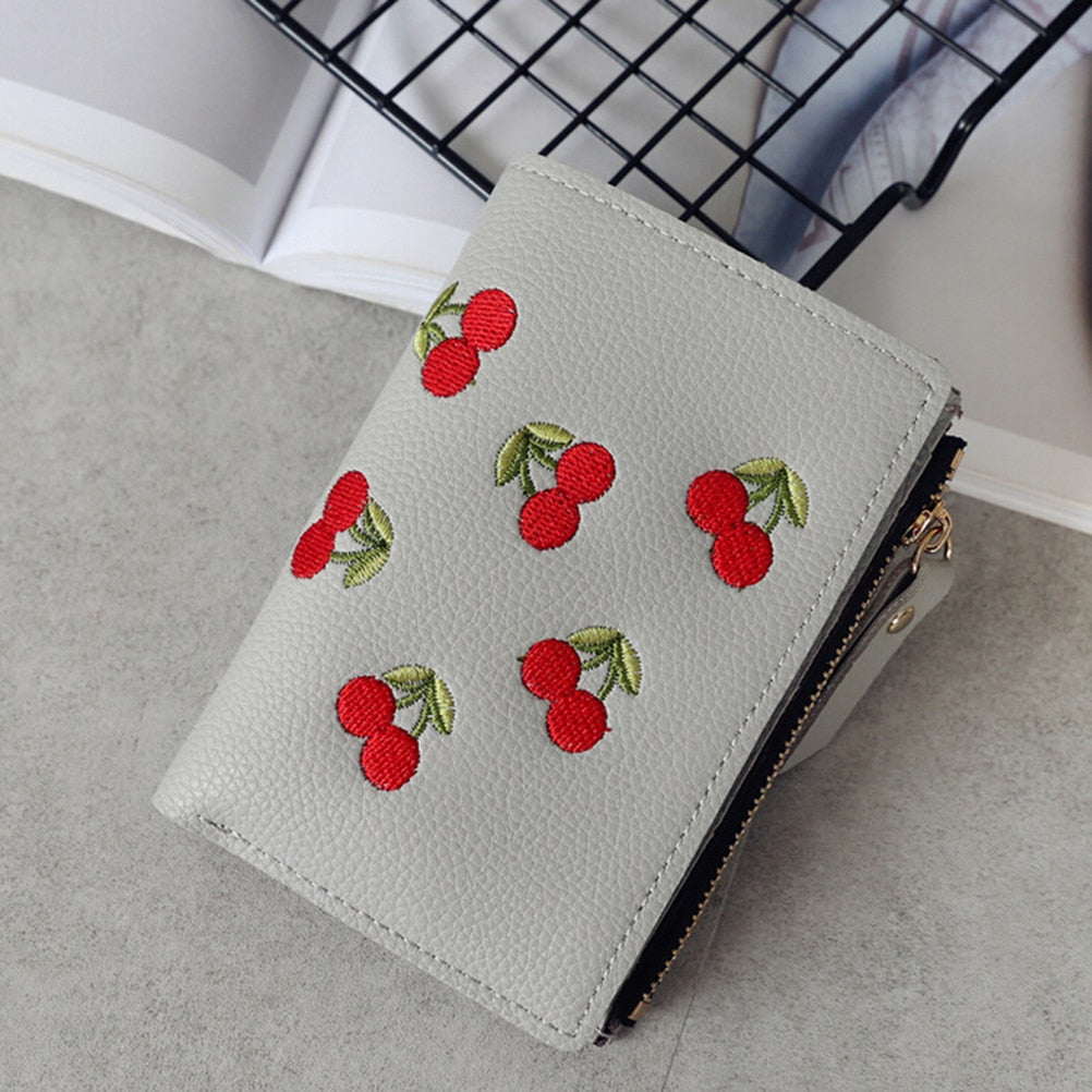 Fashion Women Girls Short Wallet Small PU Leather Cherry Embroidery Coin Purse Card Holders Lady Girl Mini Money Bag