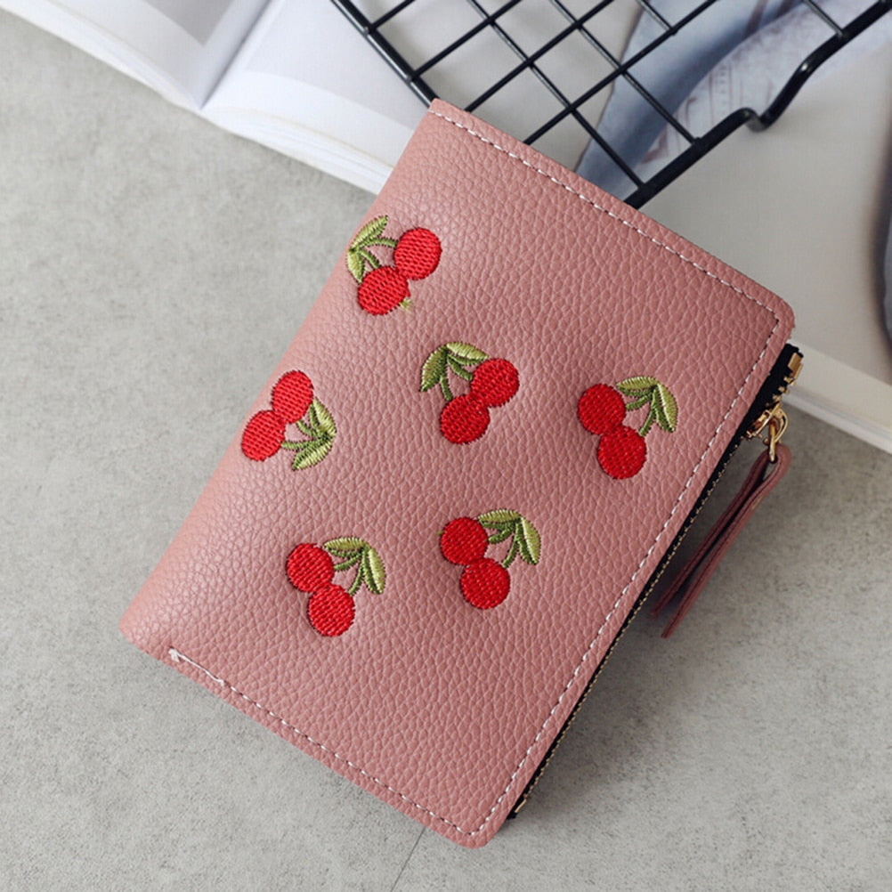 Fashion Women Girls Short Wallet Small PU Leather Cherry Embroidery Coin Purse Card Holders Lady Girl Mini Money Bag