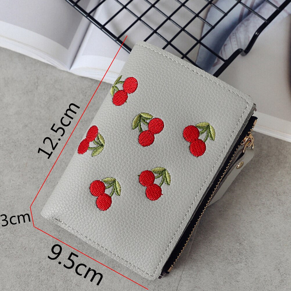 Fashion Women Girls Short Wallet Small PU Leather Cherry Embroidery Coin Purse Card Holders Lady Girl Mini Money Bag