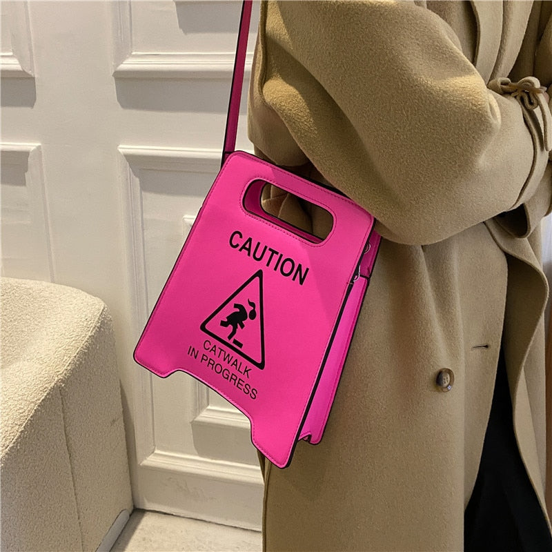 Young Girl Crossbody Bag Creative Caution Letters Sign Handbag Cute Fluorescence Color Shoulder Bags For Women Clutches