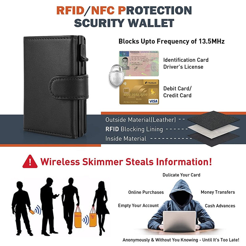 Card Holder Wallet Slim Minimalist Pop Up Leather Men Wallets RFID Blocking Metal Bank Card Case with Coins Pocket