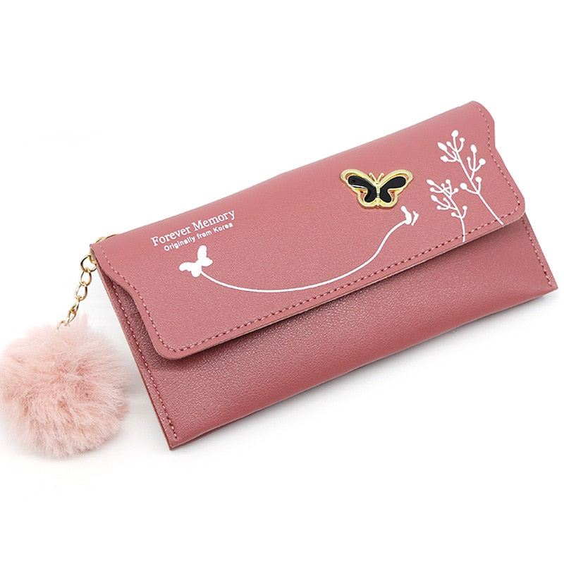 Fashionable New Women Long Wallets Pure Color Wool Ball Bow Clutch Bag Women's Long Bag Card Bag Coin Purse