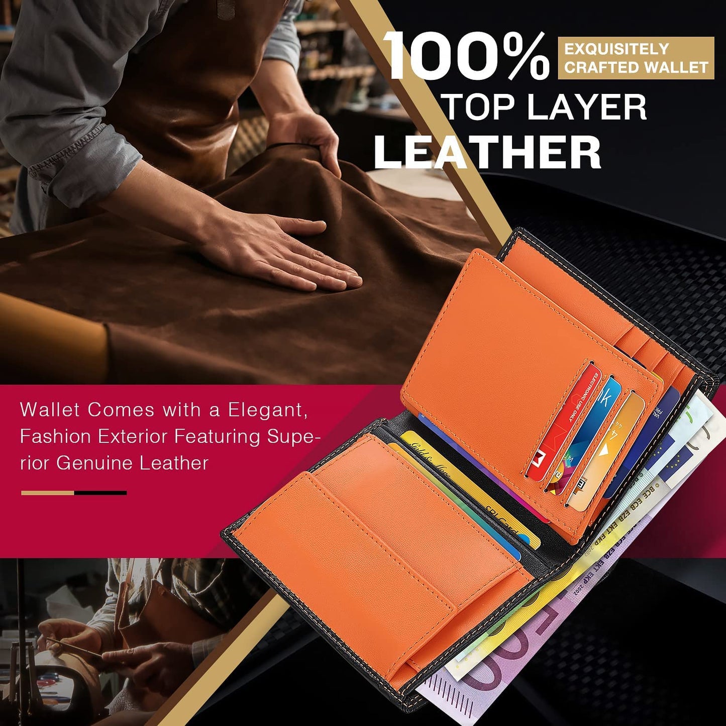 TEEHON Wallets Mens RFID Blocking Genuine Leather with 12 Credit Card Holders Coin Pocket 2 Banknote Compartments ID Window