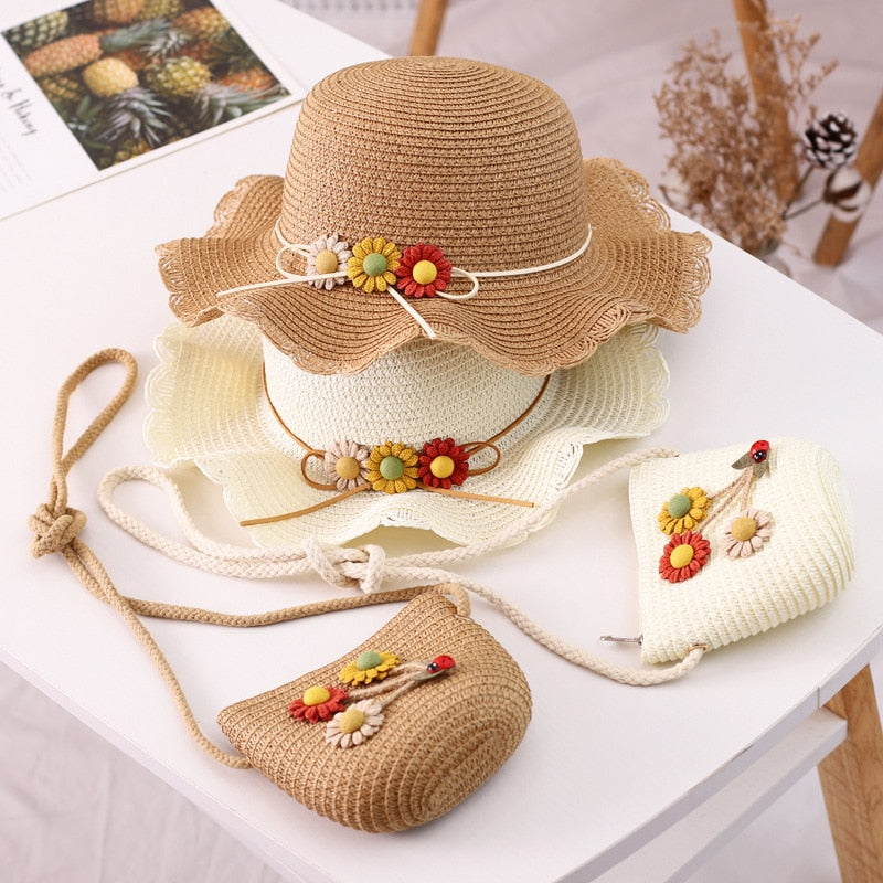 Kids Girls Large Wide Brim Straw Woven Sun Protection Beach Hat Colorful Flowers Summer Floppy Bucket Cap Portable Mini Handbag