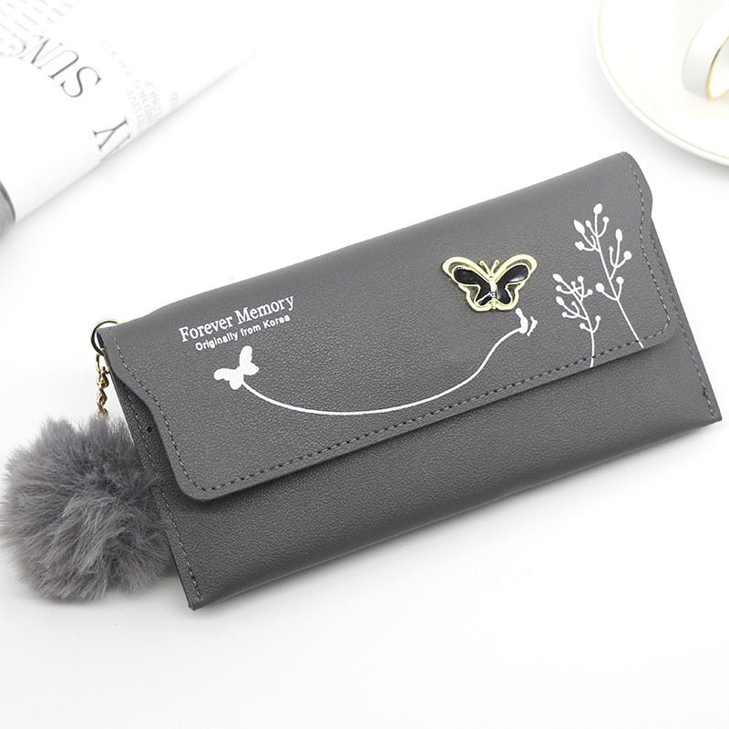 Fashionable New Women Long Wallets Pure Color Wool Ball Bow Clutch Bag Women's Long Bag Card Bag Coin Purse