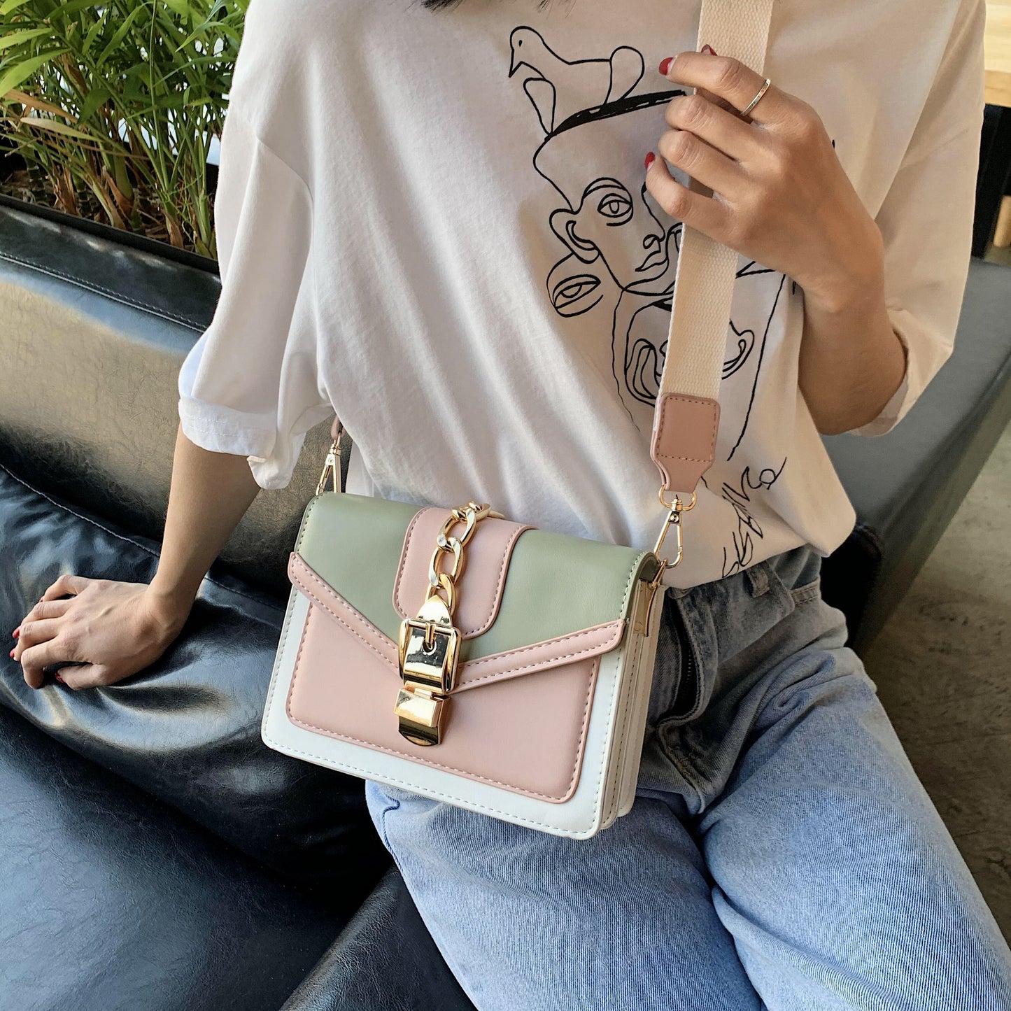 Contrast Color PU Leather Crossbody Bags For Women Summer Travel Small Handbag Shoulder Simple Bag Ladies Cross Body Bag