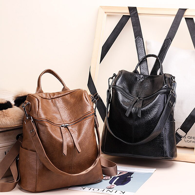 Korean Backpack Women The Wild Fashion Shoulder Travel Backack School Bag Waterproof Leisure Travel PU Leather Backpacks Black