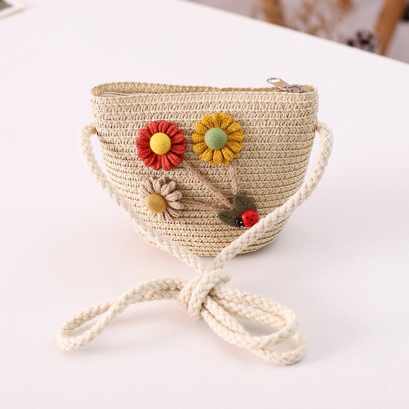 Kids Girls Large Wide Brim Straw Woven Sun Protection Beach Hat Colorful Flowers Summer Floppy Bucket Cap Portable Mini Handbag