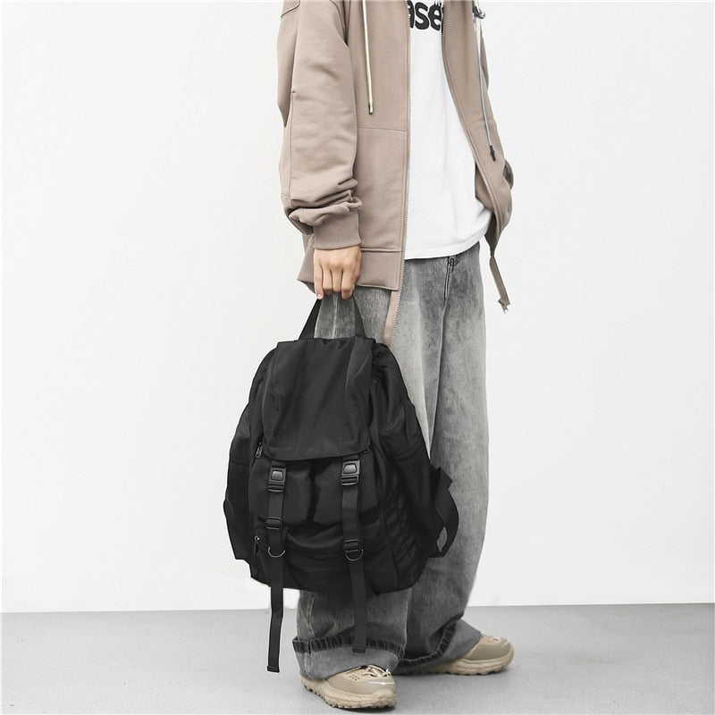 Solid Black Men's Backpacks Cool Streetwear Style Man Backpack Harajuku Large Capacity School Bags Waterproof Nylon Bags for Men