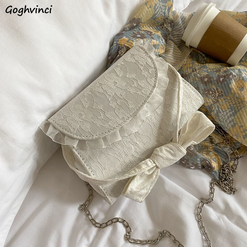 Elegant Fashion Women Shoulder Bags Lace Design Bow Chains Sweet Handbags Retro Flaps Crossbody Bag Trendy Lady Mesh Ruffles Ins
