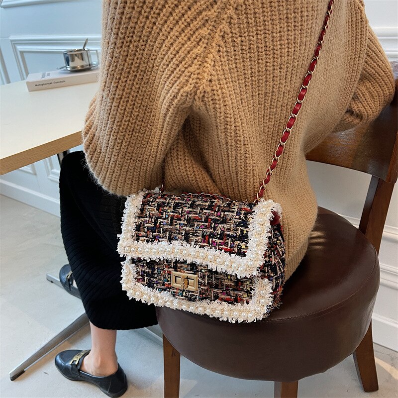 Autumn winter fashion pearls decorative plaid tweed female shoulder messenger small bags design for ladies crossbody bags