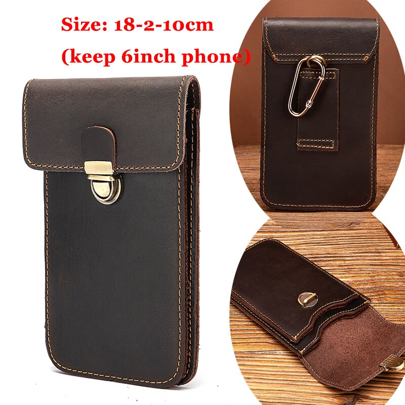 Real Leather men Casual Design Small Waist Bag Cowhide Fashion Hook Bum Bag Waist Belt Pack Cigarette Case 5.5" Phone Pouch 1609